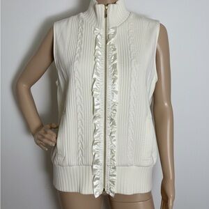Draper’s & Damon’s Ivory Cable Knit Vest Ruffle Zip Preppy Classic Size L